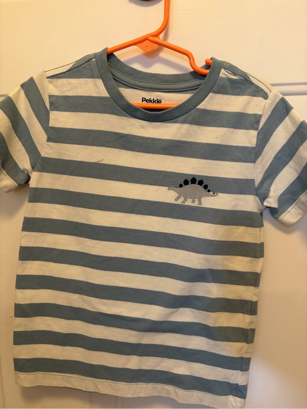 Pekkle Blue & White Striped Dinosaur Short Sleeve Tee